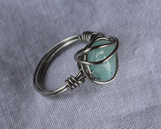 Wire Wrapped Ring: Silver and amazonite.