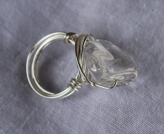 Wire Wrapped Ring: Silver and clear quartz.